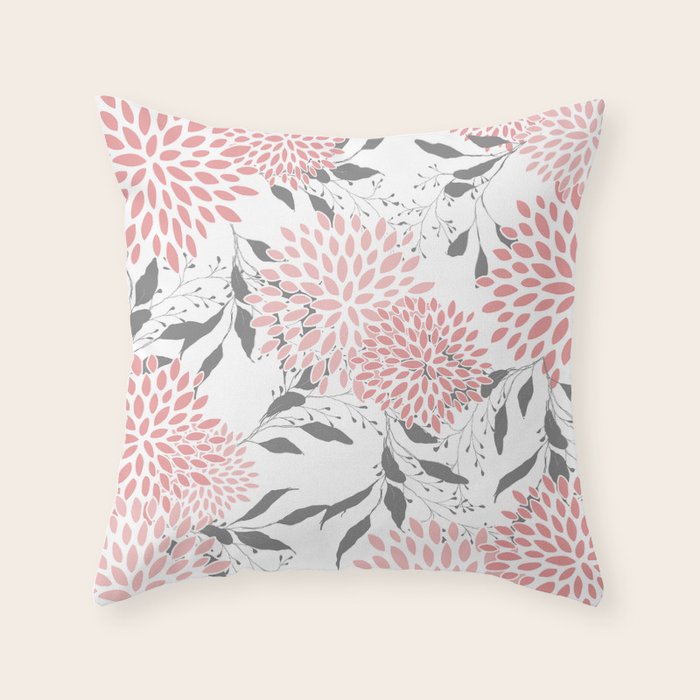 Festive, Floral Prints, Leaves and Blooms, Pink, Gray and White Throw Pillow Gallery Image 6