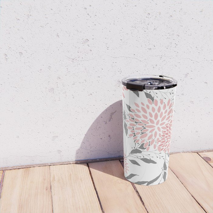Festive, Floral Prints, Leaves and Blooms, Pink, Gray and White Travel Mug Gallery Image 4