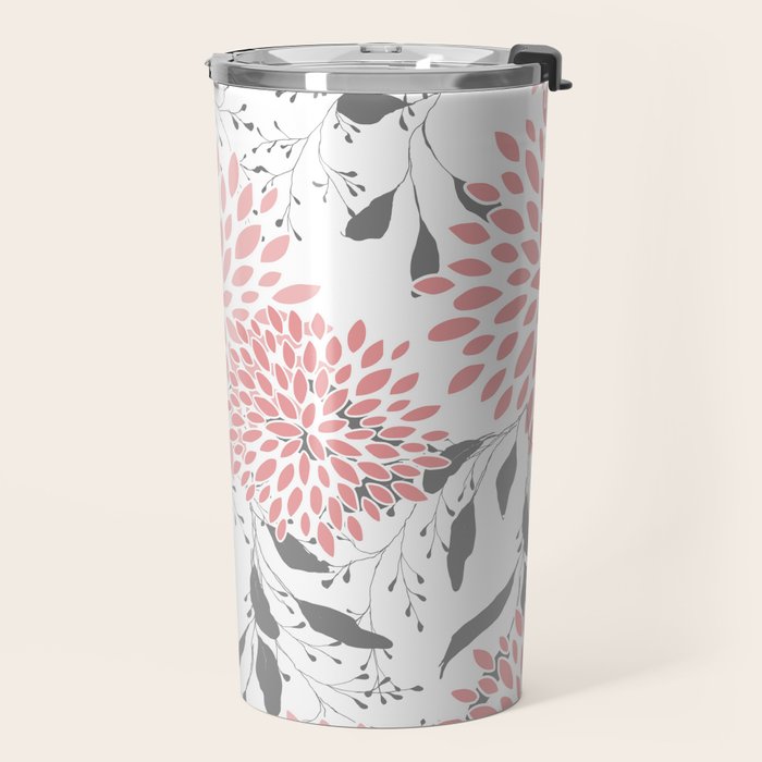 Festive, Floral Prints, Leaves and Blooms, Pink, Gray and White Travel Mug Gallery Image 2