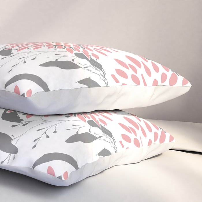 Festive, Floral Prints, Leaves and Blooms, Pink, Gray and White Pillow Sham Gallery Image 3