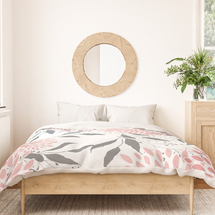 Festive, Floral Prints, Leaves and Blooms, Pink, Gray and White Duvet Cover Gallery Image 3