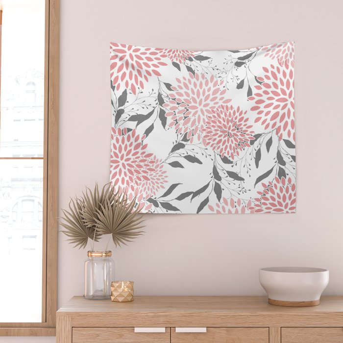 Festive, Floral Prints, Leaves and Blooms, Pink, Gray and White Wall Tapestry Gallery Image 2