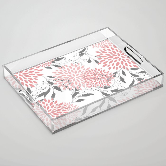 Festive, Floral Prints, Leaves and Blooms, Pink, Gray and White Acrylic Tray Gallery Image 1