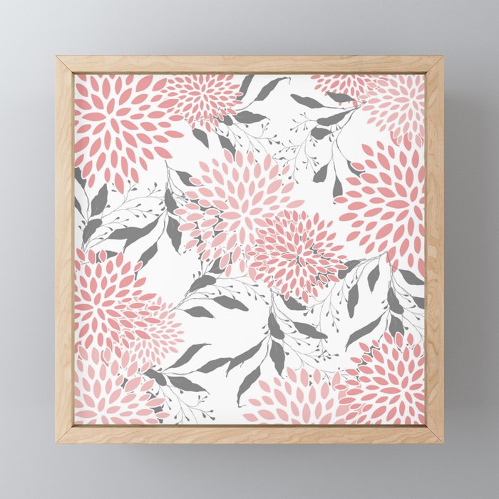 Festive, Floral Prints, Leaves and Blooms, Pink, Gray and White Mini Art Print Gallery Image 1