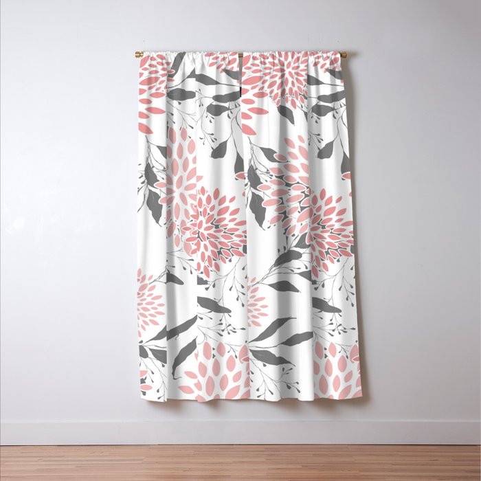 Festive, Floral Prints, Leaves and Blooms, Pink, Gray and White Window Curtain Gallery Image 3
