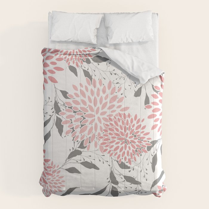 Festive, Floral Prints, Leaves and Blooms, Pink, Gray and White Comforter Gallery Image 1