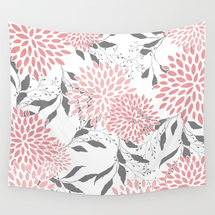 Festive, Floral Prints, Leaves and Blooms, Pink, Gray and White Wall Tapestry Gallery Image 1