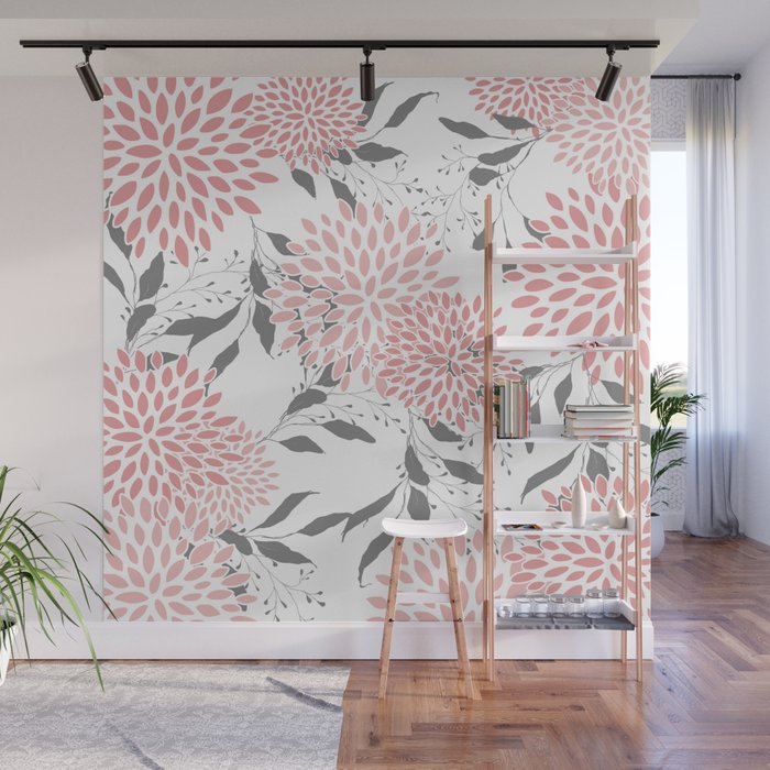 Festive, Floral Prints, Leaves and Blooms, Pink, Gray and White Wall Mural Gallery Image 1