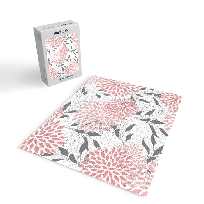 Festive, Floral Prints, Leaves and Blooms, Pink, Gray and White Jigsaw Puzzle Gallery Image 2