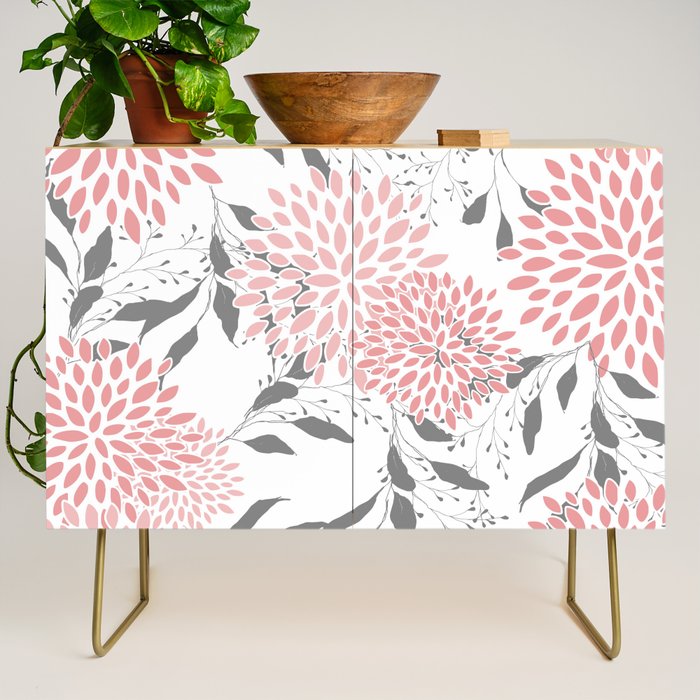 Festive, Floral Prints, Leaves and Blooms, Pink, Gray and White Credenza Gallery Image 1