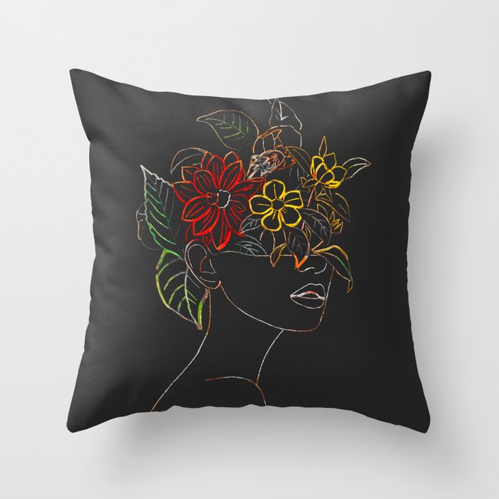 woman with flowers 8 Line Art Throw Pillow Gallery Image 6