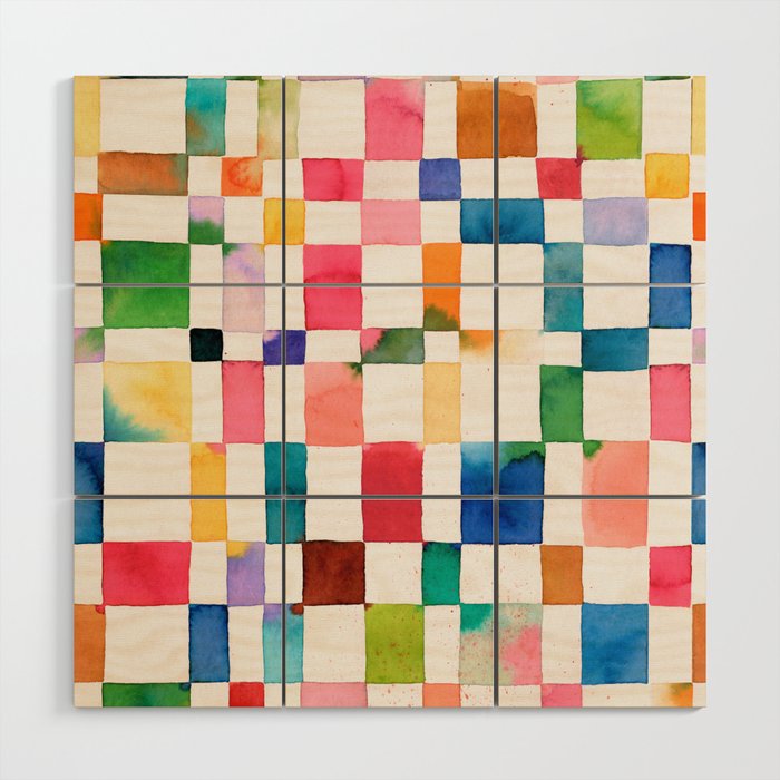 Modern watercolor checker Multicolored Spring Geometric Wood Wall Art