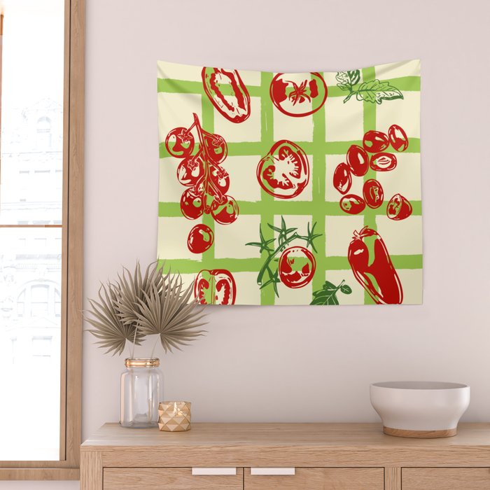 Tomato Garden Picnic Pattern Illustration Wall Tapestry Gallery Image 2
