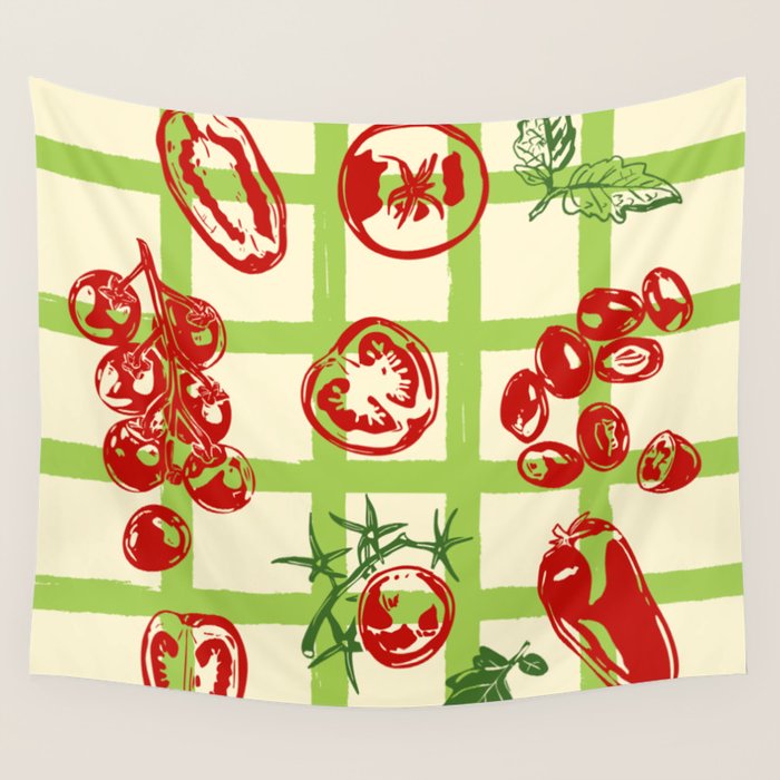 Tomato Garden Picnic Pattern Illustration Wall Tapestry Gallery Image 4