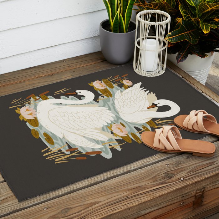 Swan Dance - Charcoal Black Background Outdoor Rug Gallery Image 2