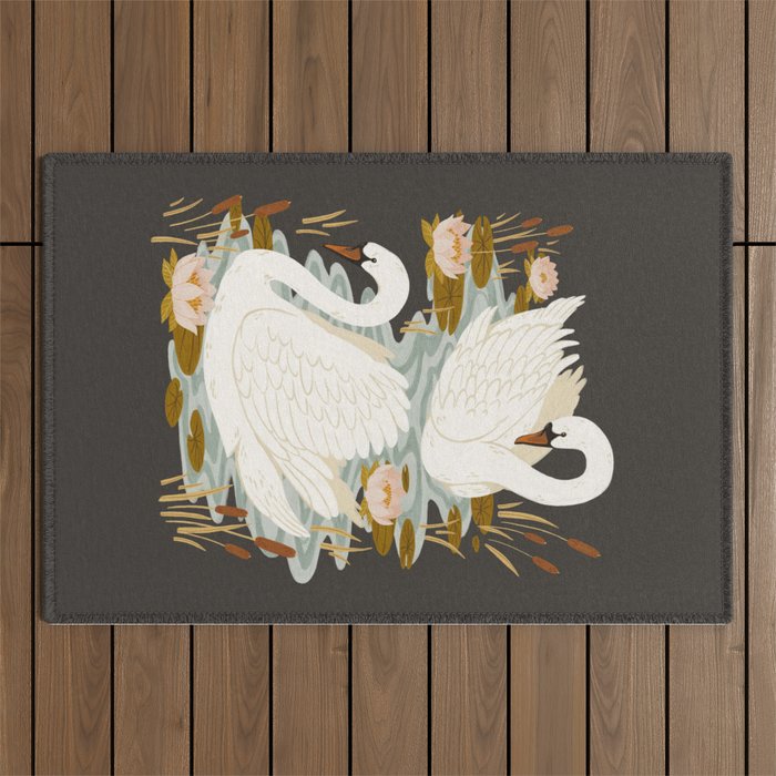 Swan Dance - Charcoal Black Background Outdoor Rug Gallery Image 1