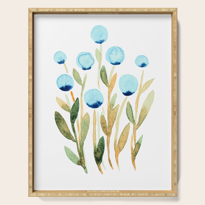 Simple watercolor flowers - blue and sap green Serving Tray Gallery Image 1
