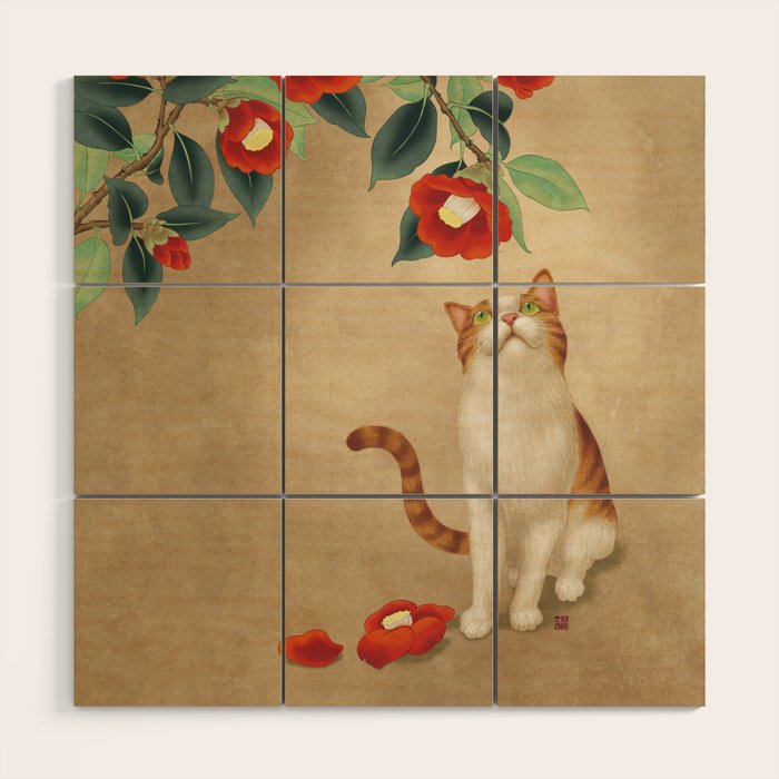 Cat and camellia flowers T1 Wood Wall Art Gallery Image 1