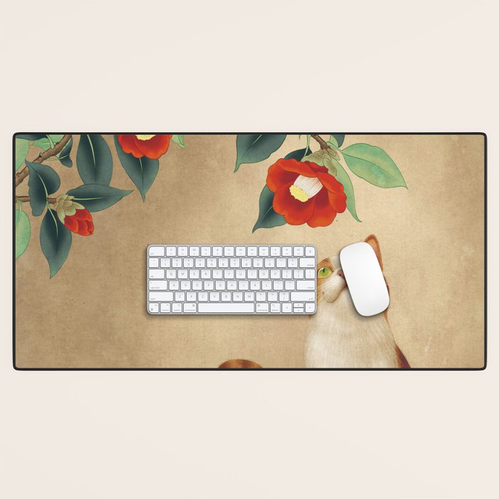Cat and camellia flowers T1 Desk Mat Gallery Image 1