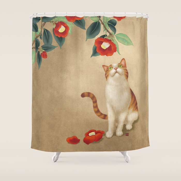 Cat and camellia flowers T1 Shower Curtain Gallery Image 1