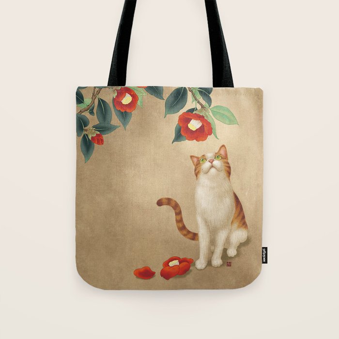 Cat and camellia flowers T1 Tote Bag Gallery Image 1