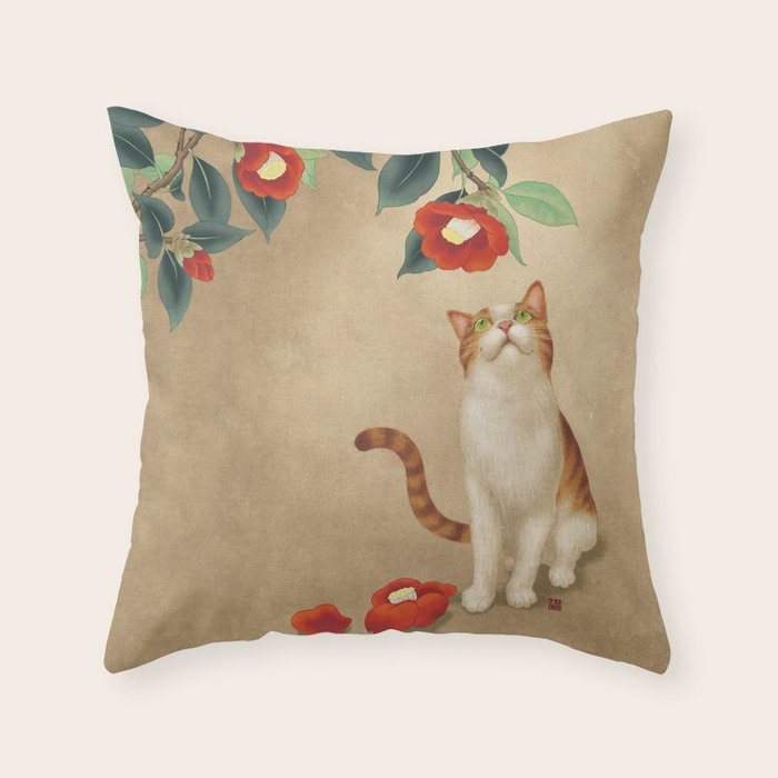 Cat and camellia flowers T1 Throw Pillow Gallery Image 6