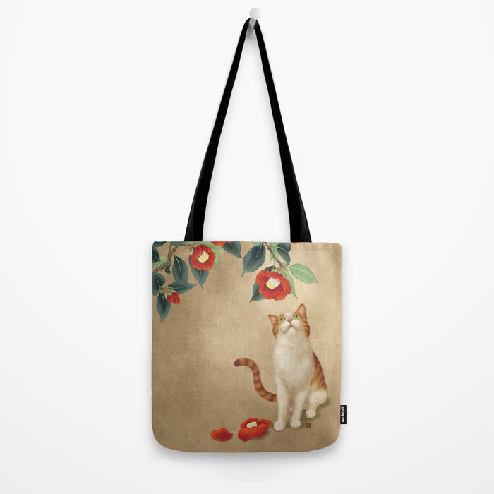 Cat and camellia flowers T1 Tote Bag Gallery Image 2