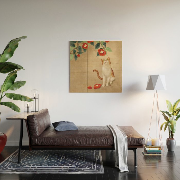 Cat and camellia flowers T1 Wood Wall Art Gallery Image 2