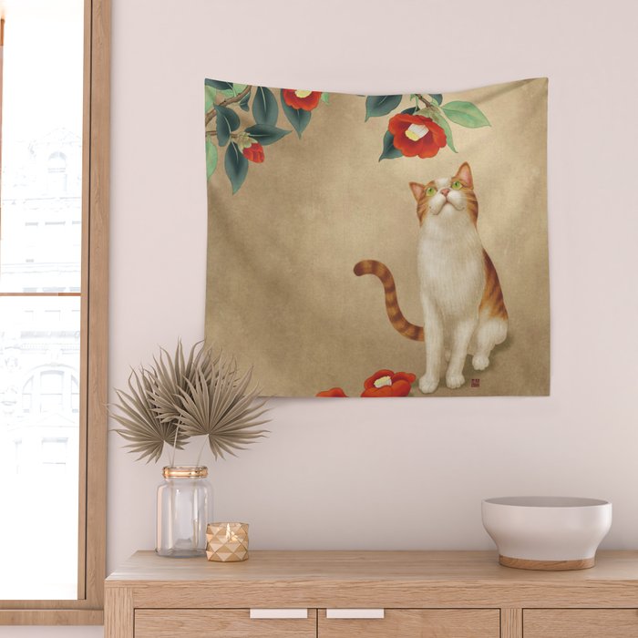 Cat and camellia flowers T1 Wall Tapestry Gallery Image 2