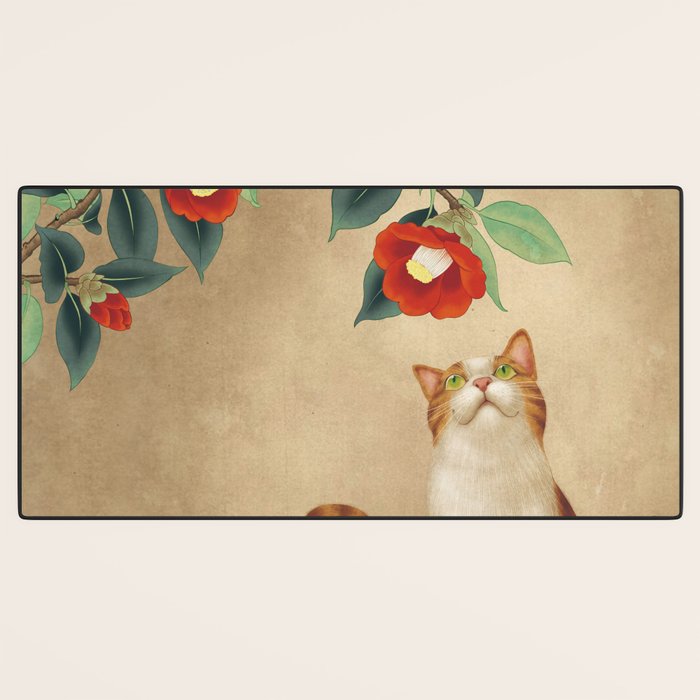 Cat and camellia flowers T1 Desk Mat Gallery Image 3
