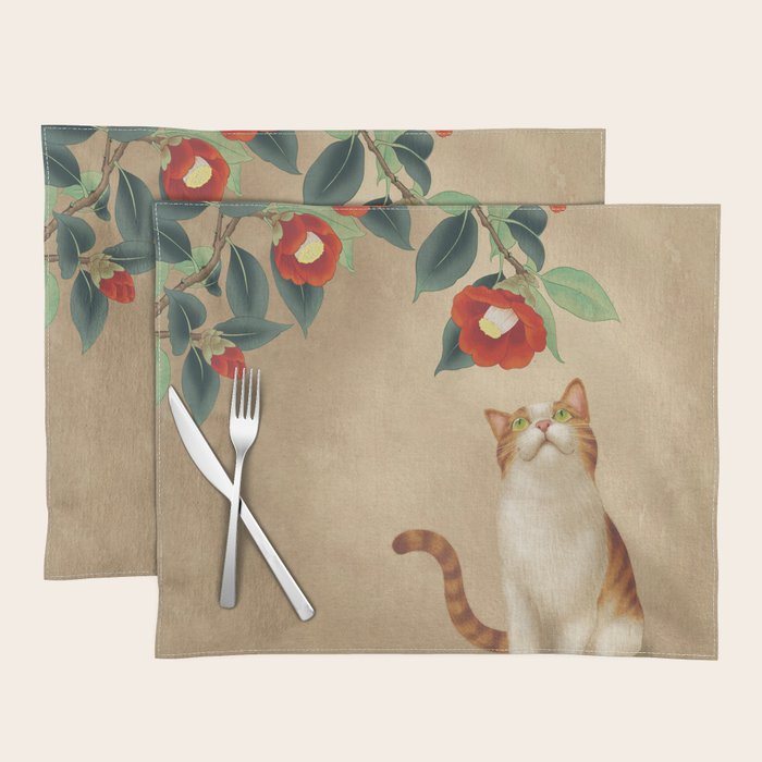Cat and camellia flowers T1 Placemat Gallery Image 1