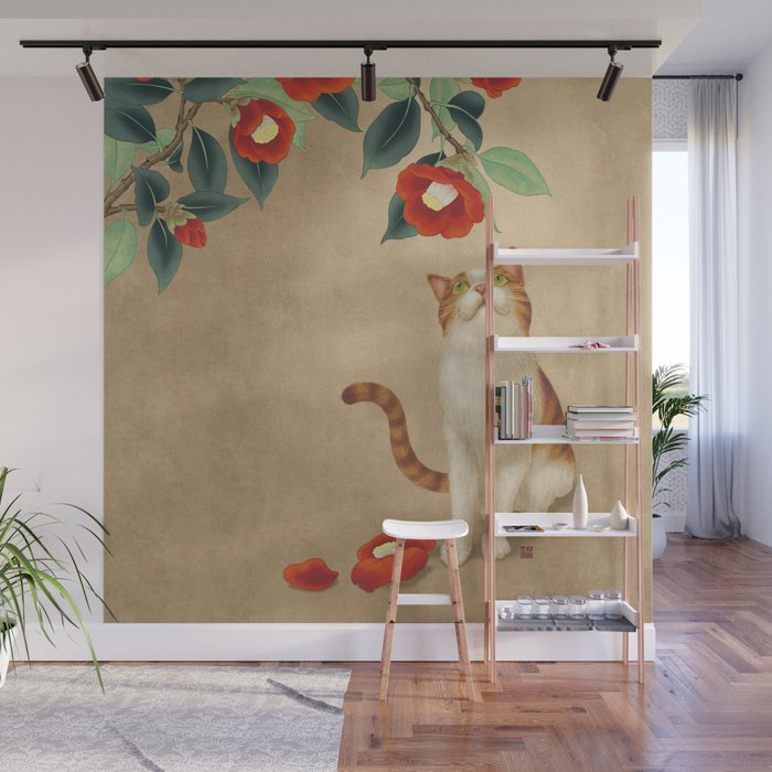 Cat and camellia flowers T1 Wall Mural Gallery Image 1