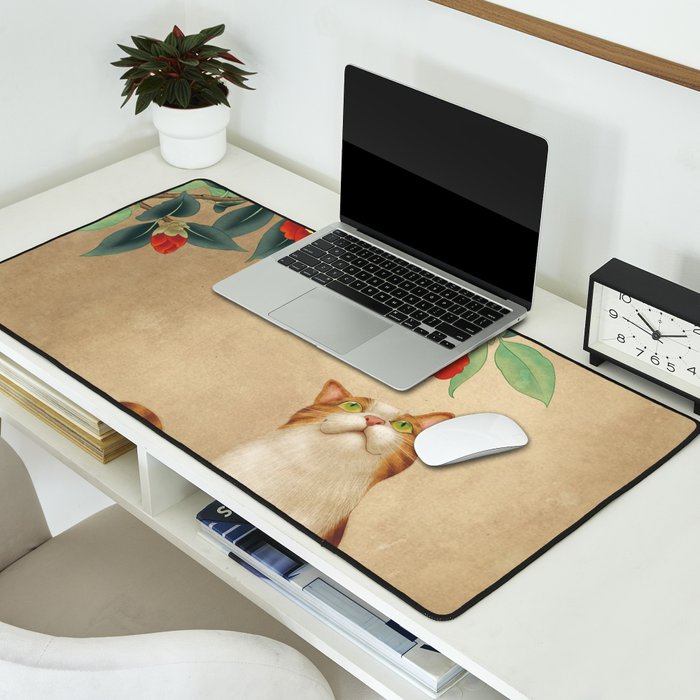Cat and camellia flowers T1 Desk Mat Gallery Image 2