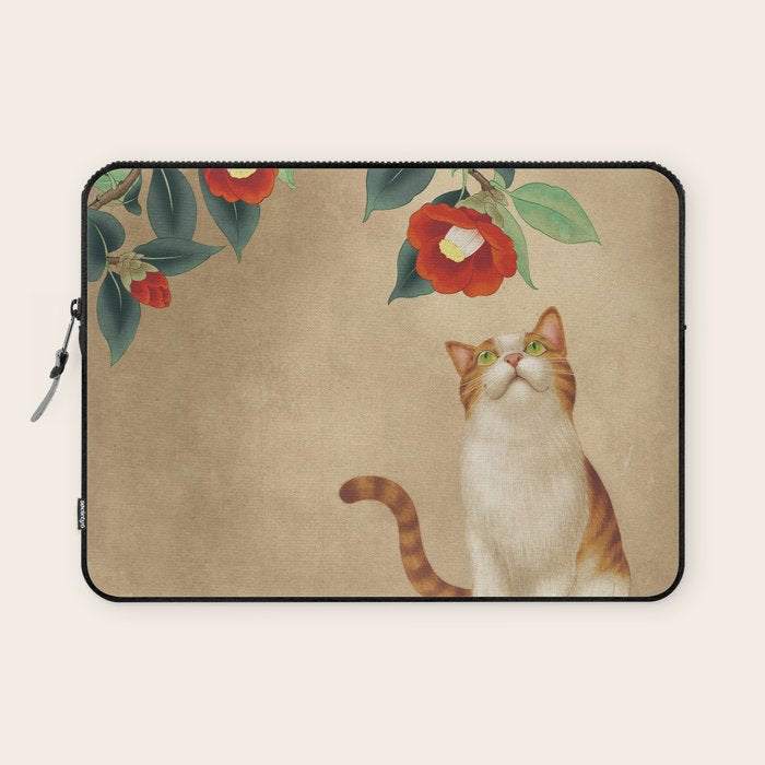 Cat and camellia flowers T1 Laptop Sleeve Gallery Image 1