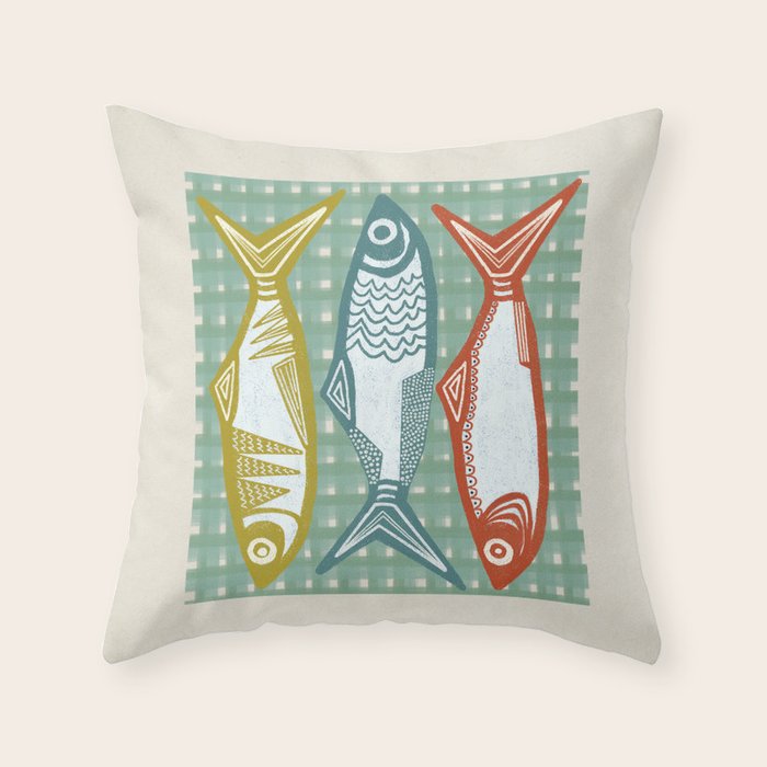 Sardines On Blue - Modern Art Print Throw Pillow Gallery Image 1
