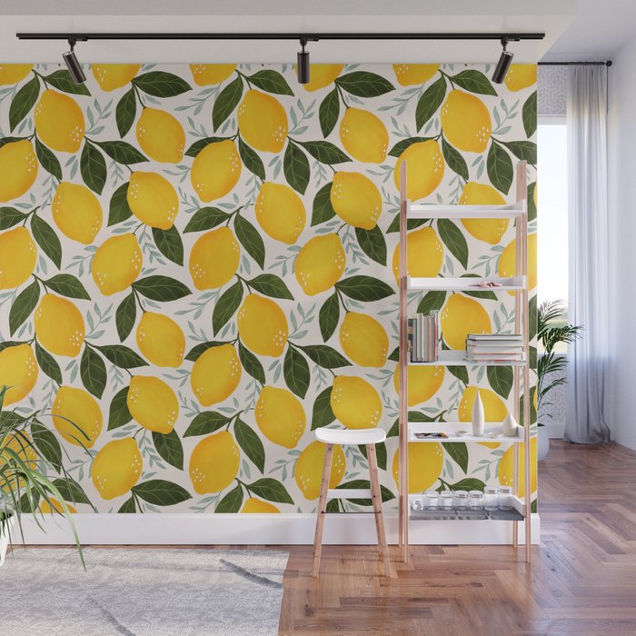 Mediterranean Summer Lemons Pattern Wall Mural Gallery Image 1