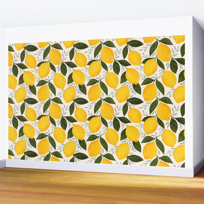 Mediterranean Summer Lemons Pattern Wall Mural Gallery Image 2