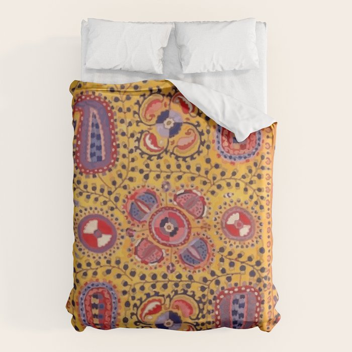 19th Century Uzbekistan Suzani with Gold Background  Duvet Cover Gallery Image 1