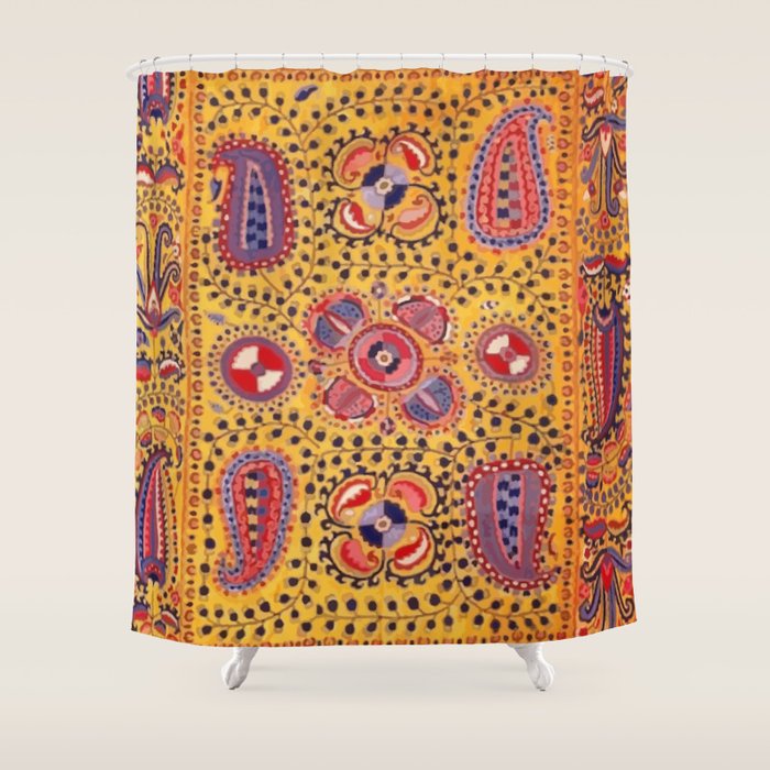 19th Century Uzbekistan Suzani with Gold Background  Shower Curtain Gallery Image 1