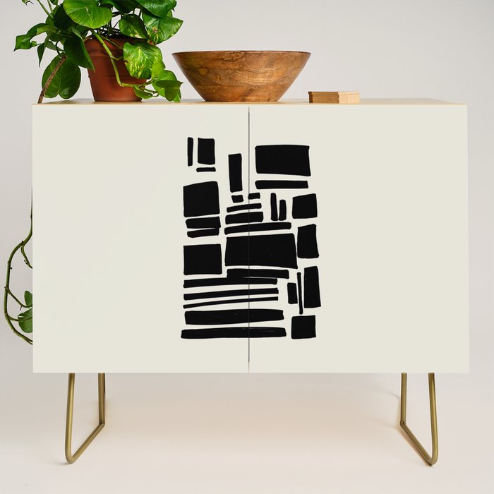 Black & White Minimalist Abstract Shapes Patterns Black Ink Painting Credenza Gallery Image 1