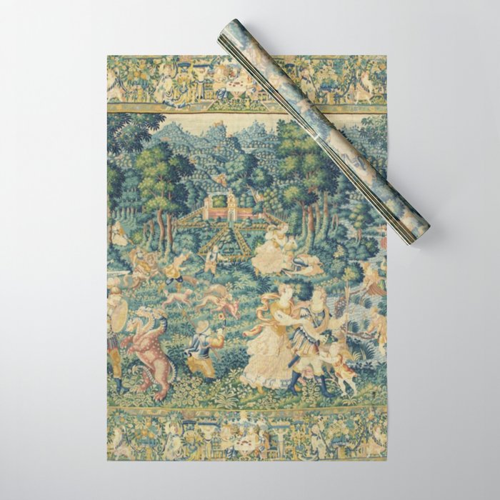 Antique 17th Century Flemish Verdure Landscape Tapestry Wrapping Paper Gallery Image 1