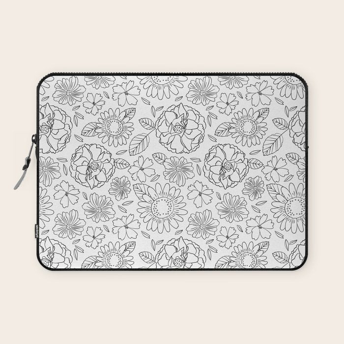 Black and white hand drawn flower art pattern Laptop Sleeve Gallery Image 1
