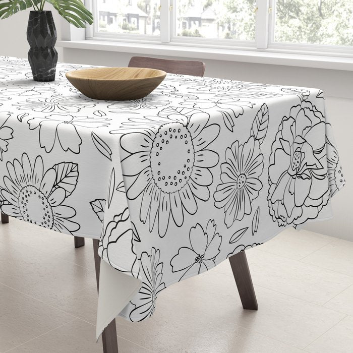 Black and white hand drawn flower art pattern Tablecloth Gallery Image 3