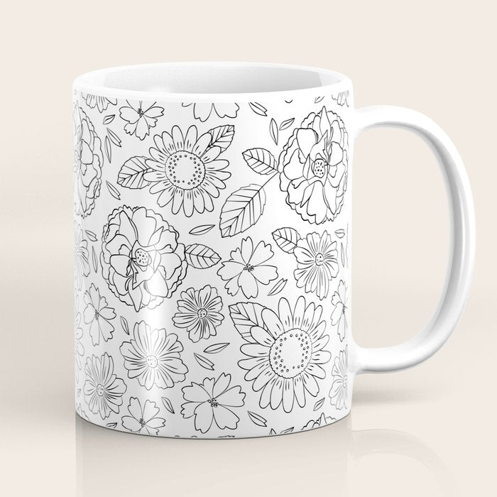 Black and white hand drawn flower art pattern Coffee Mug Gallery Image 1