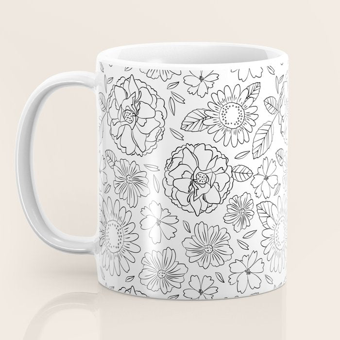 Black and white hand drawn flower art pattern Coffee Mug Gallery Image 3