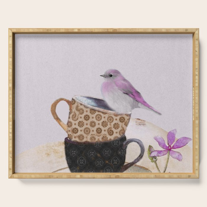 Bird in tea cup Serving Tray Gallery Image 1