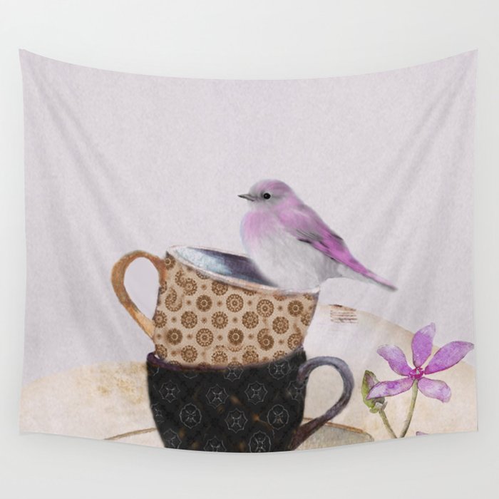Bird in tea cup Wall Tapestry Gallery Image 1