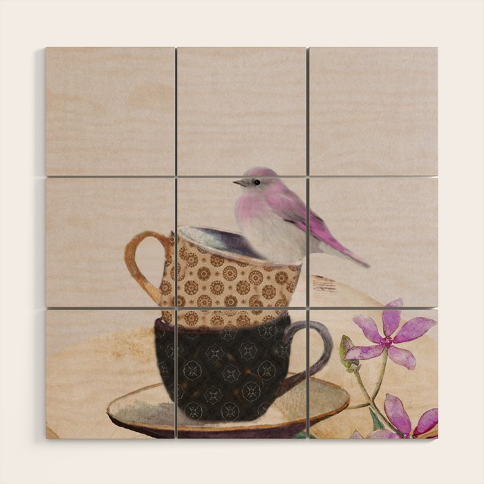 Bird in tea cup Wood Wall Art Gallery Image 1