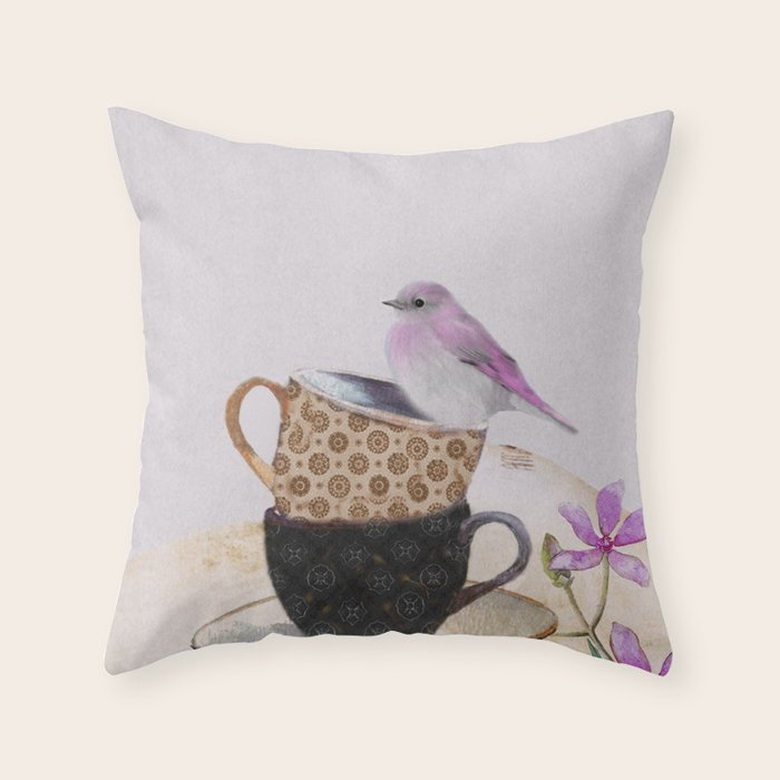 Bird in tea cup Throw Pillow Gallery Image 1