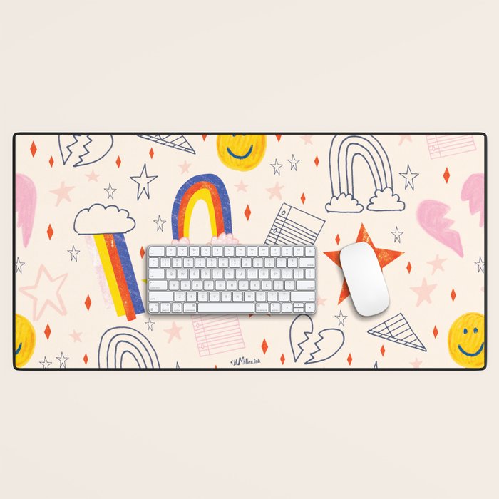 Happy Smiley Face & Retro Rainbows in Dusty Pink Desk Mat Gallery Image 1